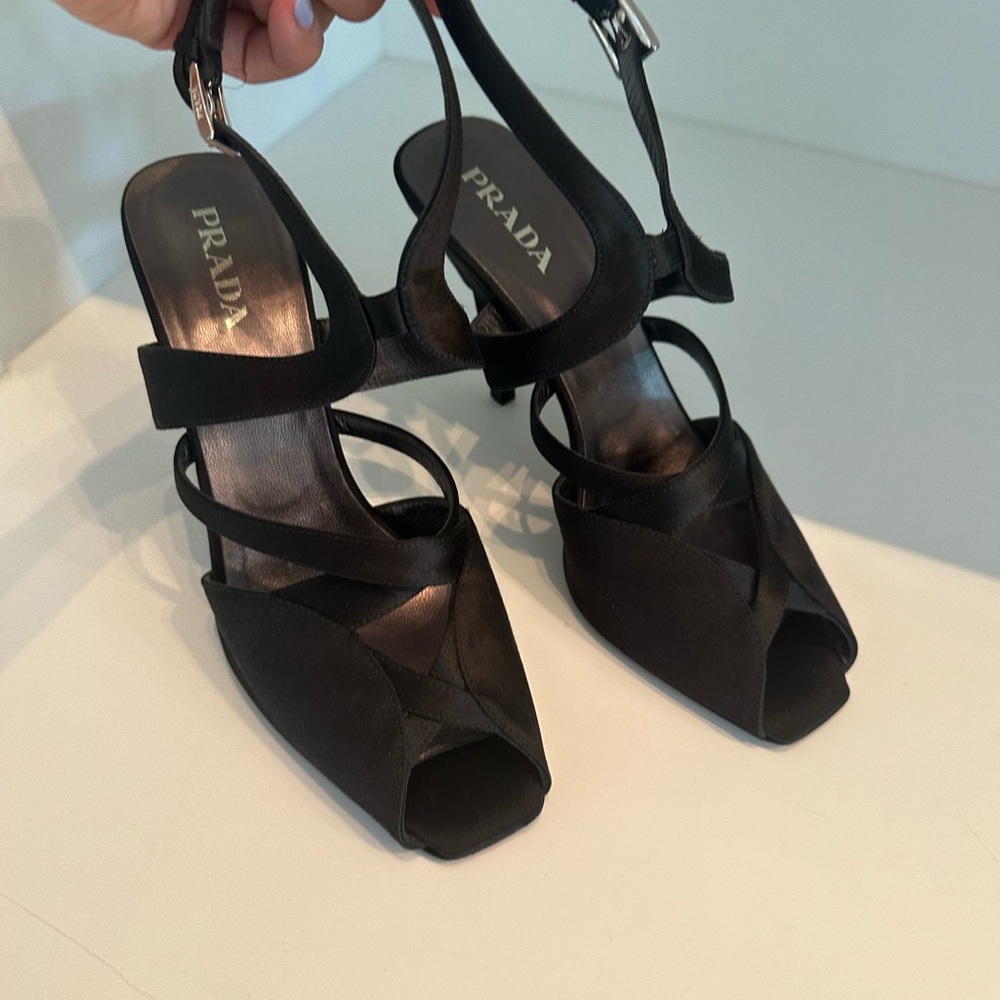 Prada black satin evening shoes.  Never worn Size 38.